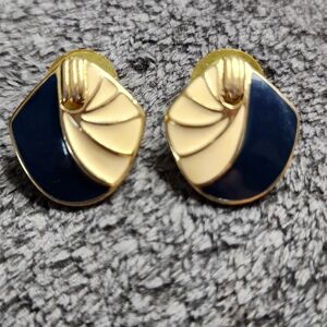 Trifari Goldtone Blue & Cream Enamel Asymmetrical Earrings